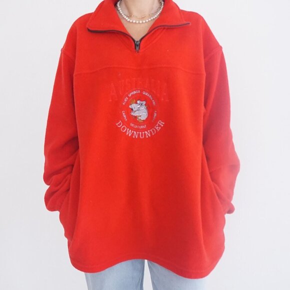 Vtg Down Under Red Embroidered Australia Koala Quarter Zip Fleece Sweater Xl - Picture 2 of 10